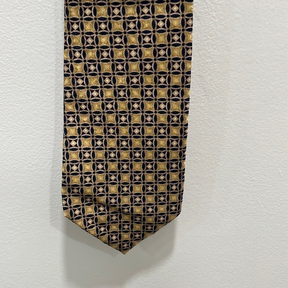 𝅺XMI Classic Designer Silk Tie, Handmade, Gold with Blue
